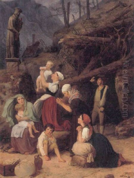 Bohmiske Landfolk, Som Efter Et Odelaeggende Uvejr Er Forsamlede Ved St. Nepomuks Billedstotte For At Anrabe Ham Om Bistand Oil Painting by Adam August Mueller