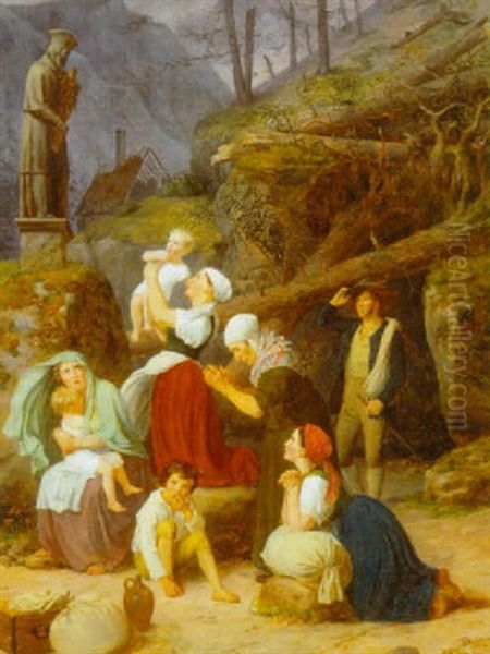 Bohmiske Landfolk, Som Efter Et Uvejr, Er Forsamlede Ved St. Nepomuks Billedstotte For At Anrabe Ham Om Bistand Oil Painting by Adam August Mueller