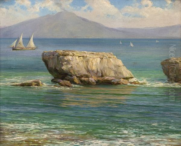 Boats In A Rocky Seascape Oil Painting by Alexander Mueller