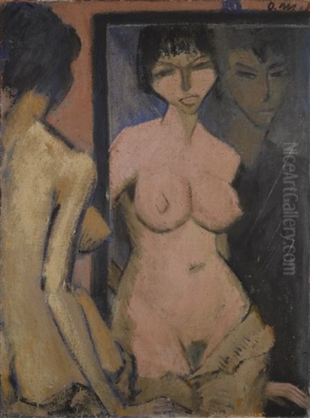 Akt Im Spiegel Mit Selbstbildnis (nude In Mirror With Self-portrait) Or Akt Mit Selbstbildnis Vor Dem Spiegel (nude With Self-portrait Before The Mirror) Oil Painting by Otto Mueller