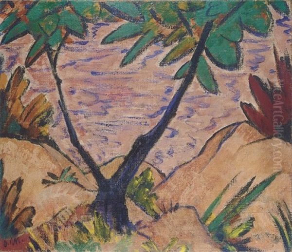 Landschaft Mit Gegabeltem Baum (+ Liegendes Madchen, Verso) by Otto Mueller