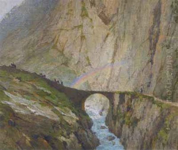 Regenbogen Uber Der Teufelsbrucke Oil Painting by Jost Muheim