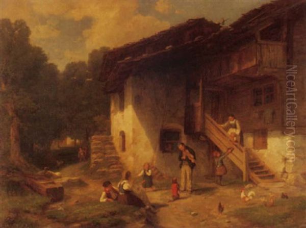 Ein Bettelmusikant Vor Einem Bauernhaus Oil Painting by Jost Muheim