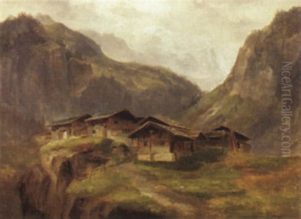 Alphutten Vor Gebirgseinschnitt Oil Painting by Jost Anton Muheim