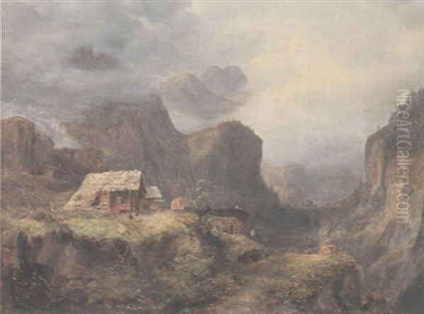 An Extensive Alpine Landscape With A Rustic Cottage, With Goats And A Figure In The Foreground Oil Painting by Jost Anton Muheim