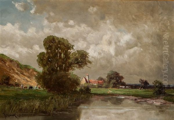 Pejzaz Z Pastwiskiem Nad Woda Oil Painting by Josef Muehlbeck