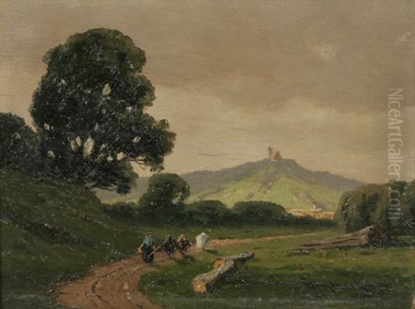 Weite Landschaft Mit Hirtin Auf Dem Heimweg, Im Hintergrund Eine Kirche Auf Einem Berg Oil Painting by Josef Muehlbeck