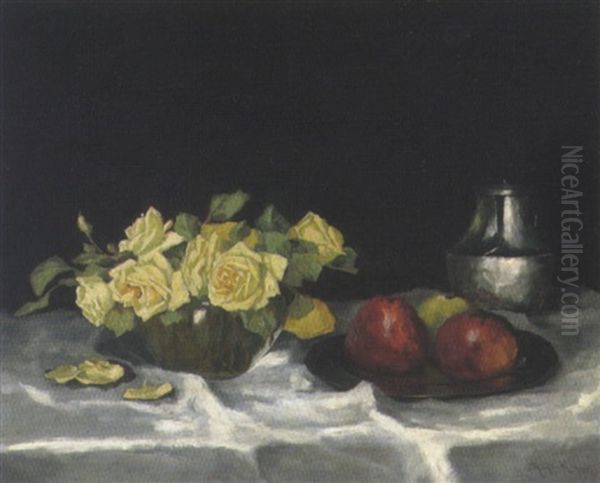 Stilleben Mit Weisen Rosen Und Apfeln Oil Painting by Josef Muehlbeck