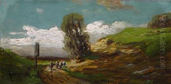 Sommeridylle. Bauer Mit Vieh Am Wegekreuz Oil Painting by Josef Muehlbeck