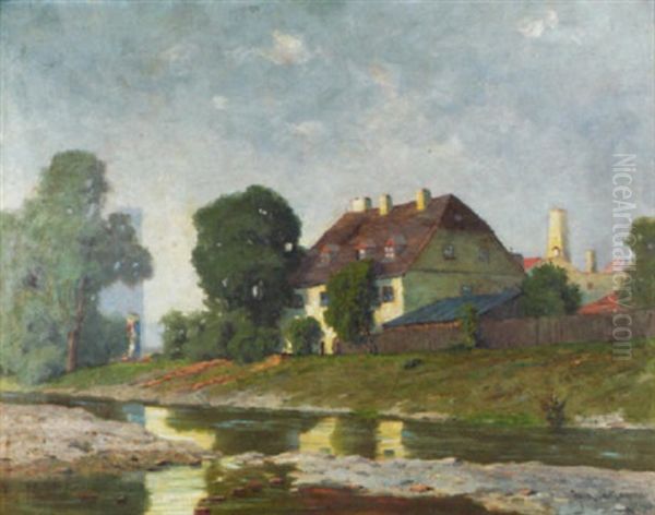 Bei Der Ludwigsbrucke In Munchen Oil Painting by Josef Muehlbeck