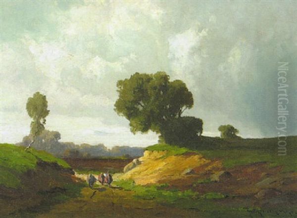 Bei Aubing Auf Einem Hohlweg Eine Bauerin Mit Vieh Oil Painting by Josef Muehlbeck