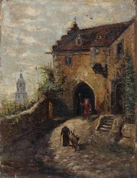 Bewachtes Tor In Meisen Mit Blick Auf Den Frauenkirchturm Oil Painting by Albert Ernst Muehlig