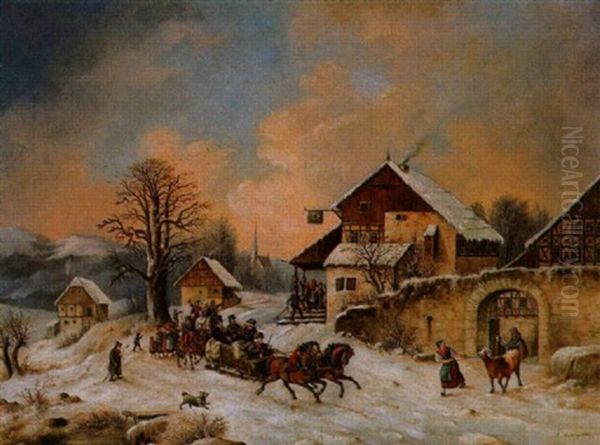 Schlittenfahrt Einer Hochzeitsgesellschaft In Der Sachsischen Schweiz Oil Painting by Albert Ernst Muehlig