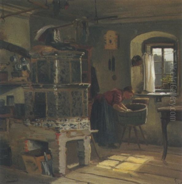 Stubeninterieur Mit Bauerin Oil Painting by Albert Ernst Muehlig