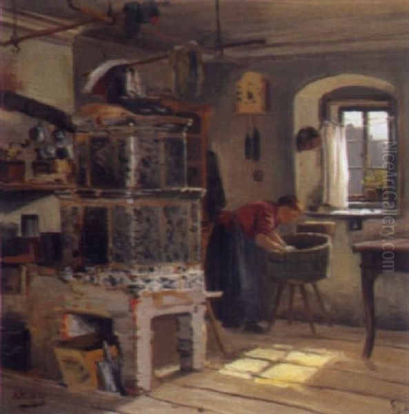 Stubeninterieur Mt Bauerin Oil Painting by Albert Ernst Muehlig