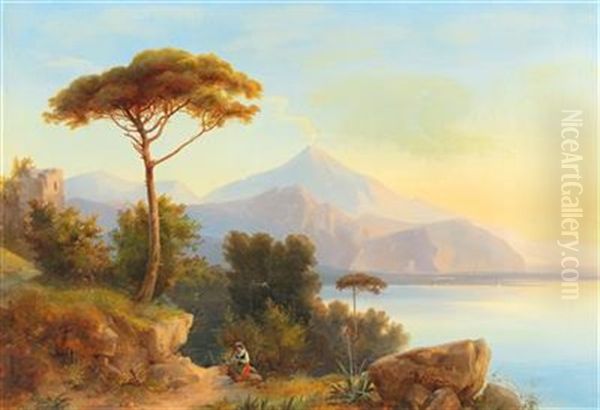 Vesuvius By Naples Oil Painting by Bernhard Muehlig