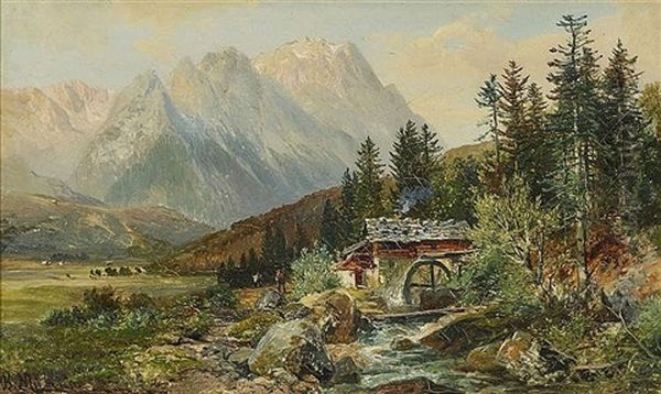 Muhle Am Bach - Blick Auf Das Wettersteingebirge Oil Painting by Bernhard Muehlig