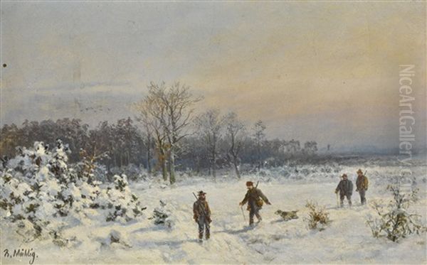 Hunters In The Snow Oil Painting by Bernhard Muehlig