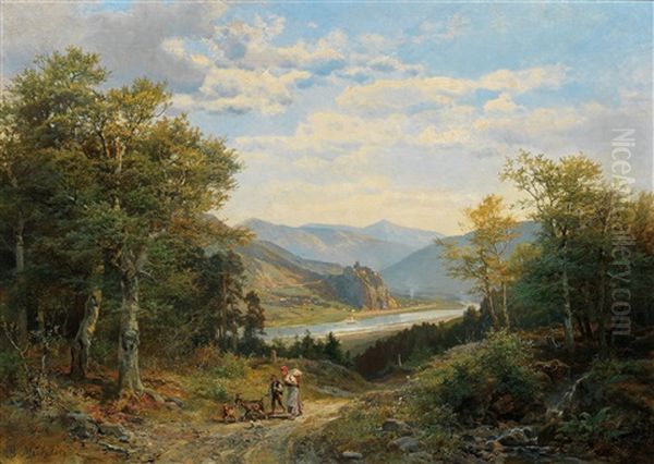 View Of The Elbe Valley With The Bohemian Central Uplands And Strekov Castle In The Background Around 1860 Oil Painting by Bernhard Muehlig