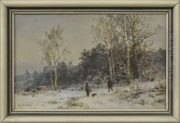 Winterlandschaft Mit Zwei Jagern Am Waldrand Oil Painting by Bernhard Muehlig