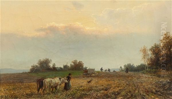 Bauern Auf Dem Feld Jager Am Weiher Oil Painting by Bernhard Muehlig