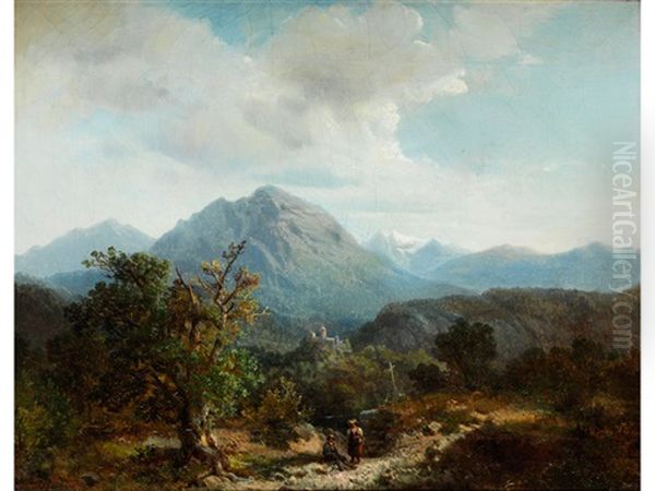 Berglandschaft Mit Burg Und Personen Oil Painting by Bernhard Muehlig