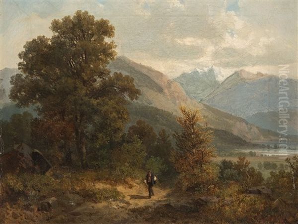 Hiker In Alpine Landscape Oil Painting by Bernhard Muehlig