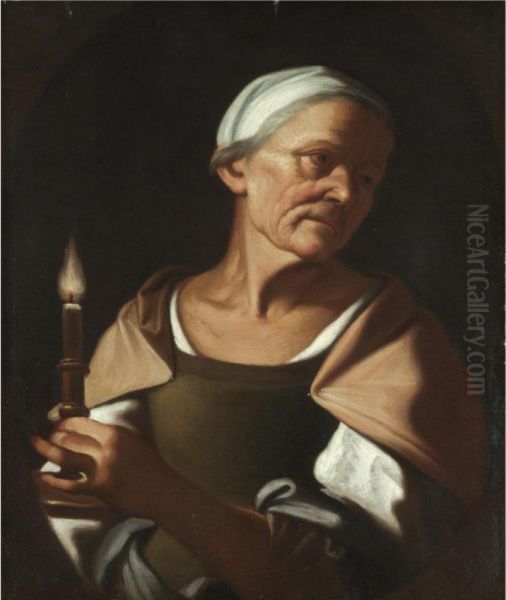 An Old Lady Holding A Candle Oil Painting by Trophime Bigot