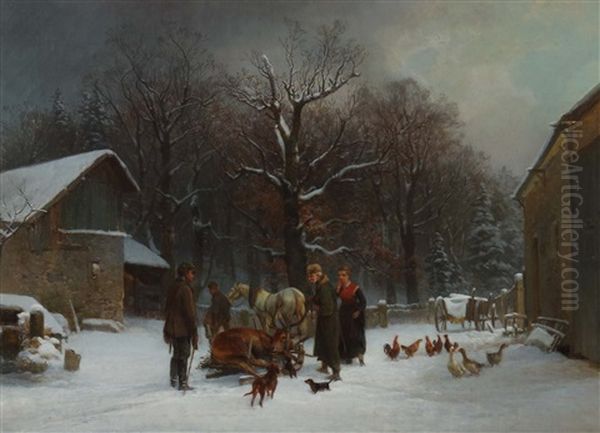 Nach Der Jagd, Szene Mit Heimkehrenden Jagern Mit Erlegtem Hirsch Auf Dem Schlitten, Auf Verschneitem Gehoft In Einer Waldlichtung Oil Painting by Bernhard Muehlig