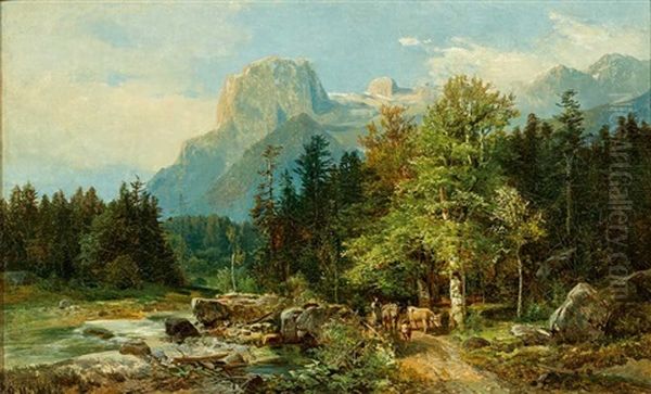 Hochgebirgslandschaft Mit Gebirgsbach, An Dessen Ufer Eine Hirtin Kuhe Zur Tranke Fuhrt Oil Painting by Bernhard Muehlig