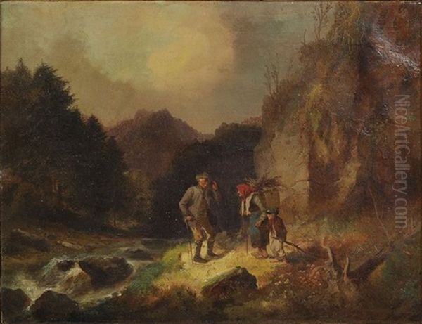 Gebirgslandschaft: Eine Alte Reisigsammlerin Und Ein Knabe Werden Von Einem Alten Jager Belehrt Oil Painting by Bernhard Muehlig