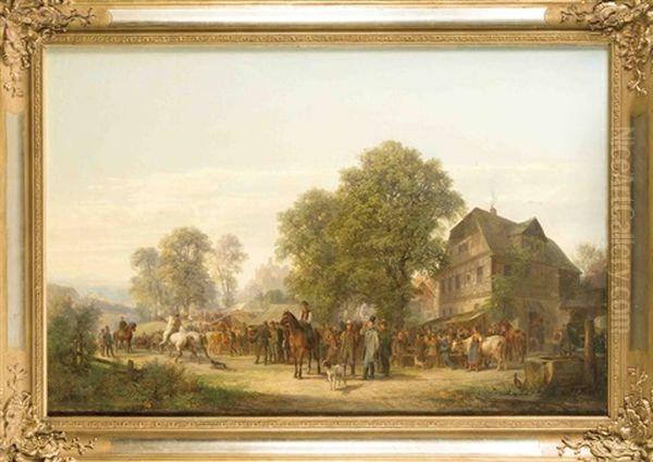 Pferdemarkt Mit Ausblick Auf Eine Weite Landschaft Sowie Auf Eine Burgruine Im Zentrum (burg Stolpen?) Oil Painting by Bernhard Muehlig