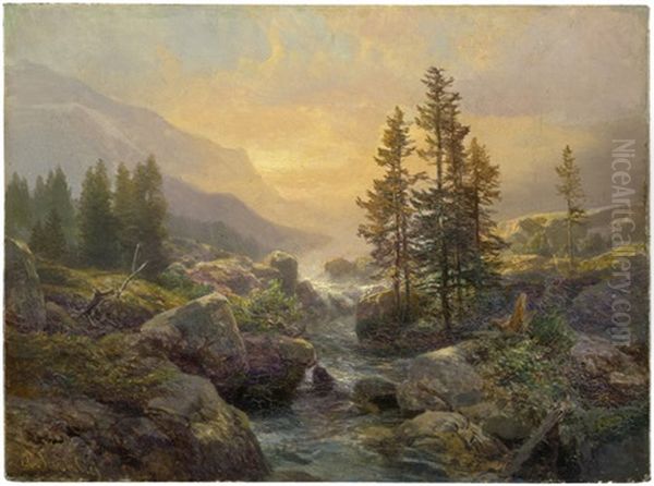 Gebirgslandschaft Mit Kleinem Bach Bei Sonnenuntergang Oil Painting by Bernhard Muehlig