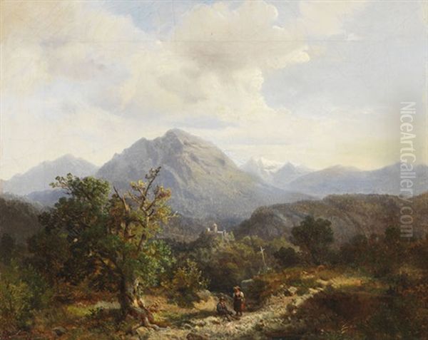 Berglandschaft Mit Burg Und Personen Oil Painting by Bernhard Muehlig