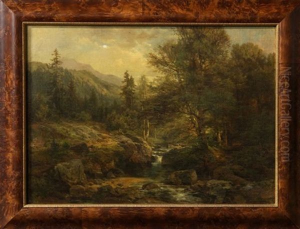 Fisherman In Wooded Stream Oil Painting by Bernhard Muehlig