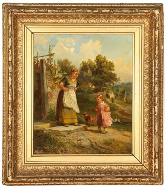 Woman And Child In A Village Landscape Oil Painting by Bernhard Muehlig