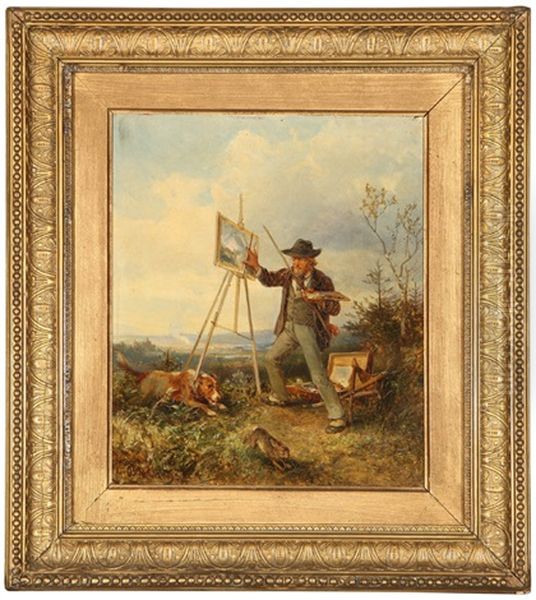 Artist At His Easel Outdoors Amid A Dog And Rabbit Chase Oil Painting by Bernhard Muehlig