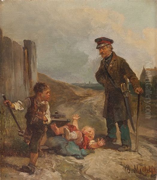 Alter Soldat Mit Spielenden Kindern Oil Painting by Bernhard Muehlig