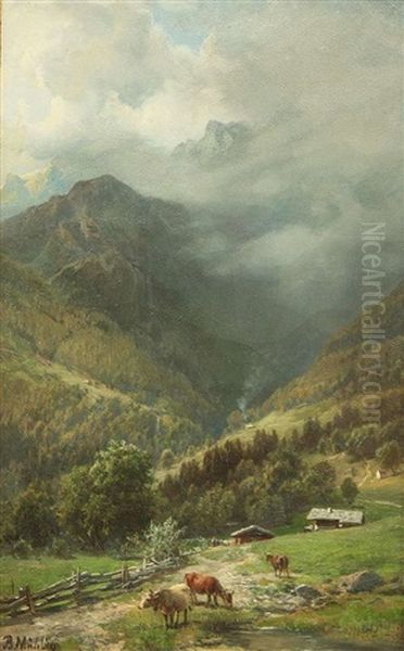 Sommerliche Alpenlandschaft Mit Kuhen Oil Painting by Bernhard Muehlig