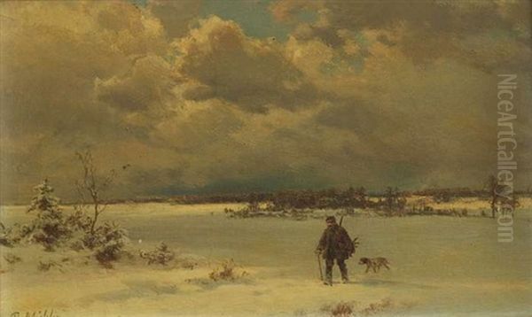 Wanderer Mit Hund In Winterlandschaft Oil Painting by Bernhard Muehlig