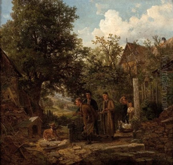 Begegnung Mit Dem Hund Auf Dem Hof Oil Painting by Bernhard Muehlig