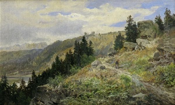 Wanderer Auf Einer Anhohe Uber Dem Elbtal Oil Painting by Bernhard Muehlig