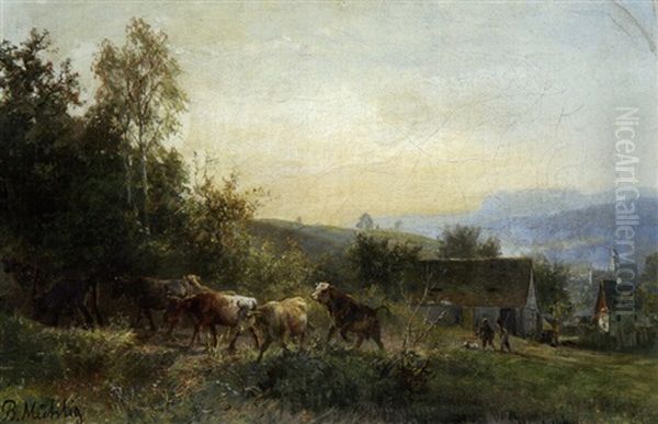 Hutebuben Mit Rinderherde Am Rande Eines Gebirgsdorfes Oil Painting by Bernhard Muehlig