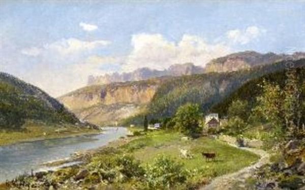 Sommerliche Flusslandschlaft (+ Winterliche Flusslandschaft; Pair) Oil Painting by Bernhard Muehlig