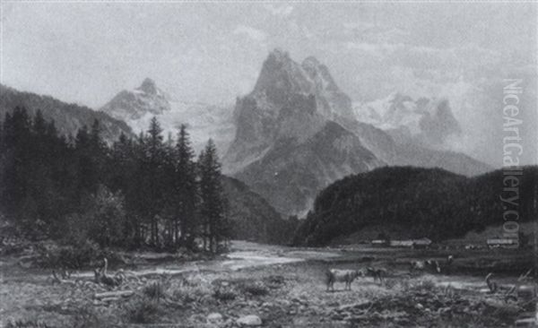 Alpenlandschaft Mit Dem Rosenlauigletscher Oil Painting by Bernhard Muehlig