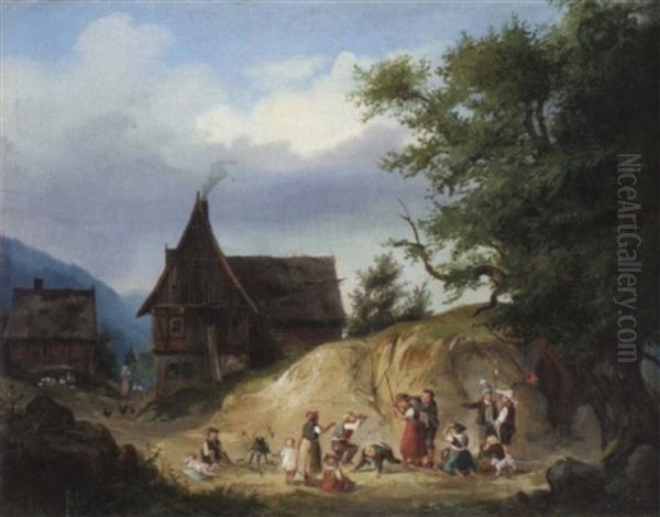 Spielende Kinder Am Rande Eines Dorfes Oil Painting by Bernhard Muehlig