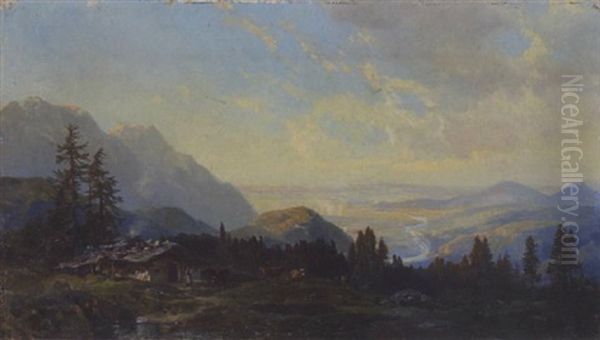 Blick Von Einer Alm Auf Ein Weites Flusstal (rosfeld Bei Salzburg?) Oil Painting by Bernhard Muehlig