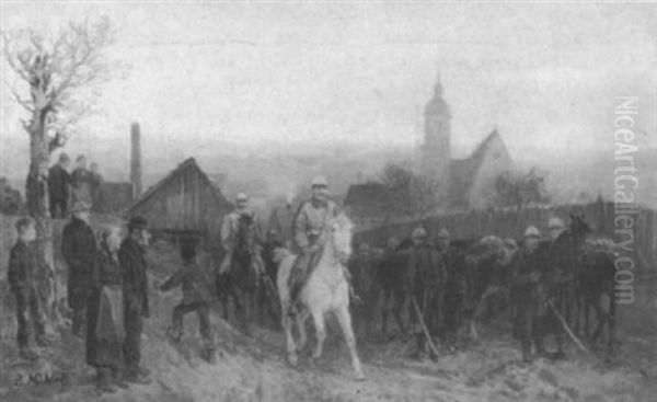 Halt Der Kavallerie In Einem Dorf Oil Painting by Bernhard Muehlig