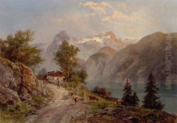 Bauernhof Am See, Im Vordergrund Hirte Mit Seinen Ziegen Oil Painting by Bernhard Muehlig