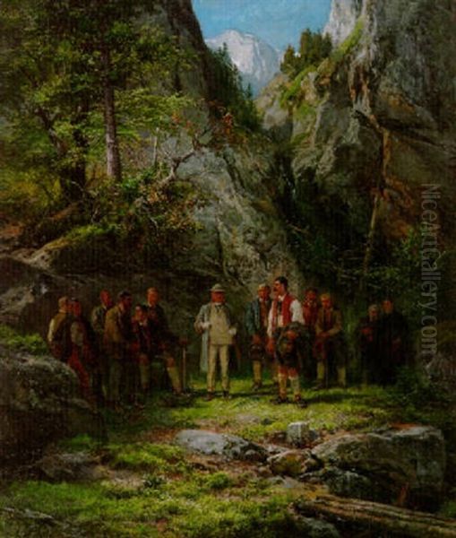 Hoher Besuch Am Grenzstein Im Gebirgswald Oil Painting by Bernhard Muehlig